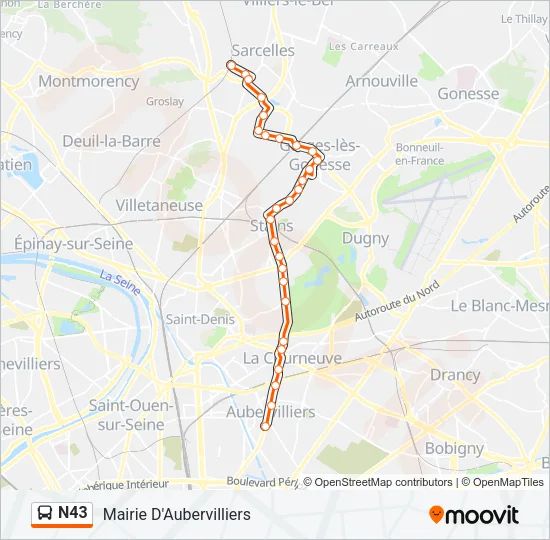 Plan de la ligne N43 de bus