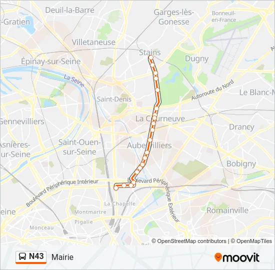 Plan de la ligne N43 de bus