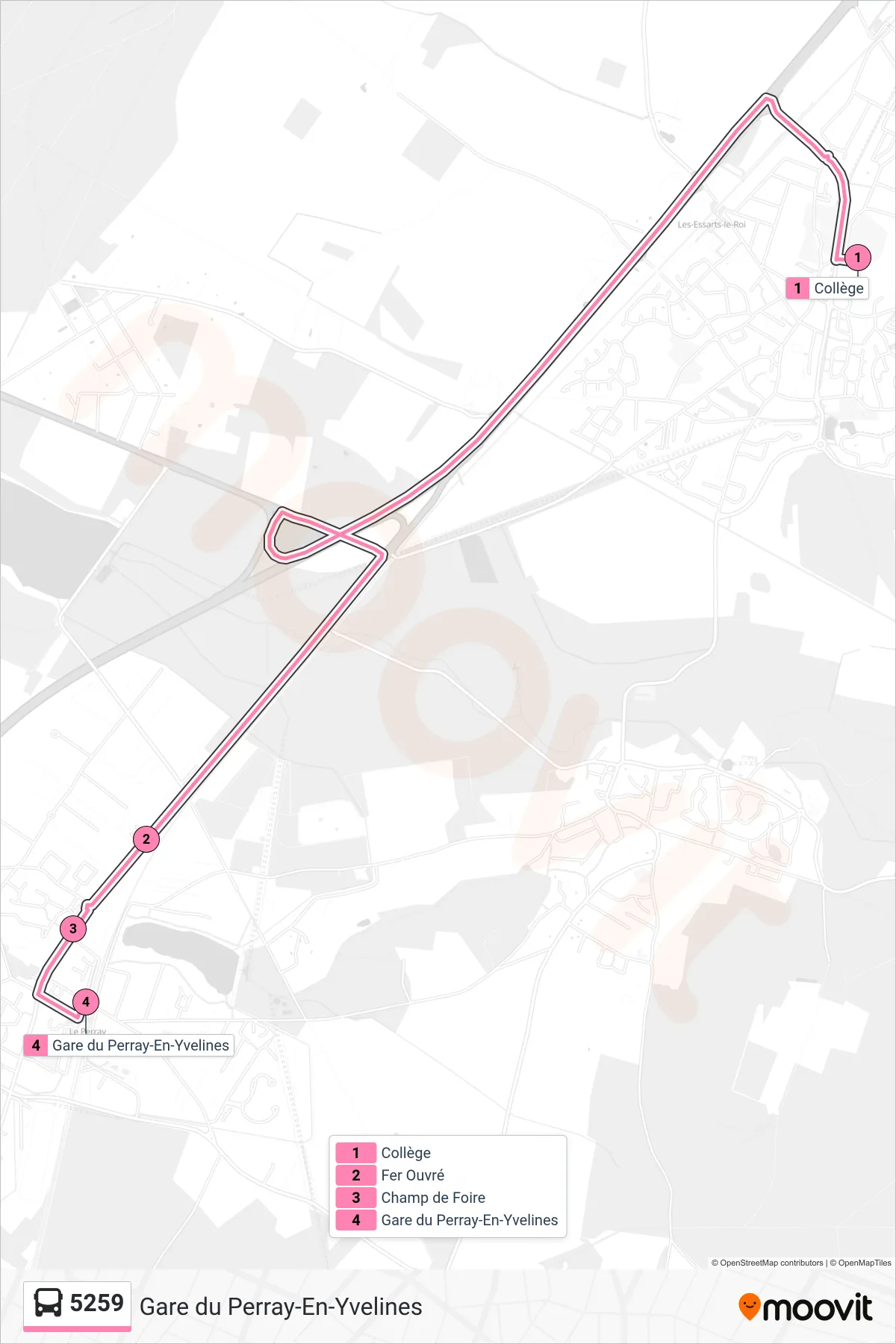 Tracé et arrêts de la ligne 5259 de bus (Gare du Perray-En-Yvelines) sur une carte