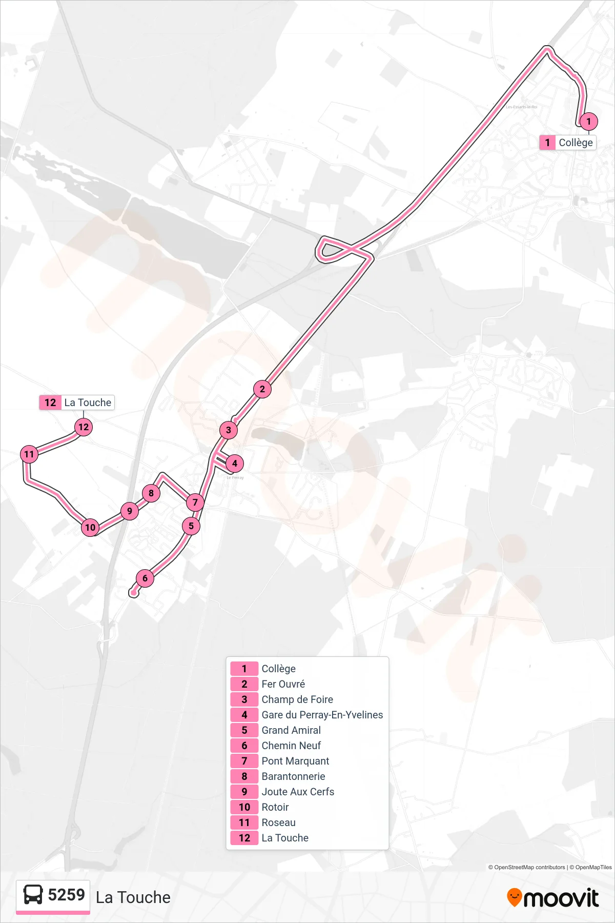 Tracé et arrêts de la ligne 5259 de bus (La Touche) sur une carte