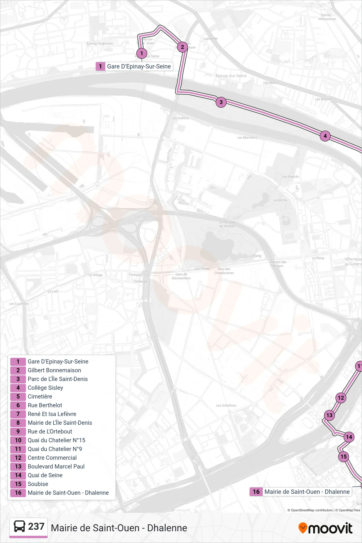 Tracé et arrêts de la ligne 237 de bus (Mairie de Saint-Ouen - Dhalenne) sur une carte