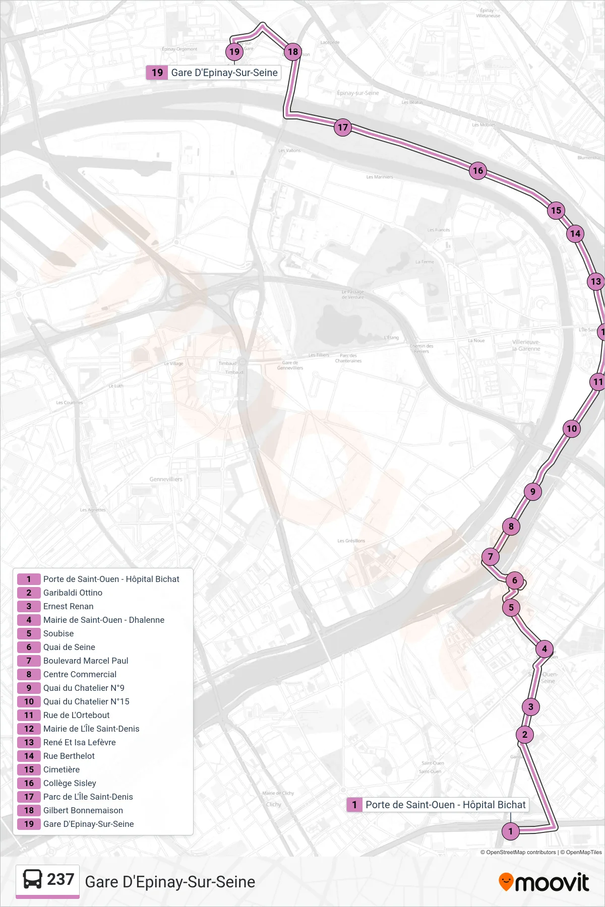 237 bus Line (Gare D'Epinay-Sur-Seine) route and stops on a map