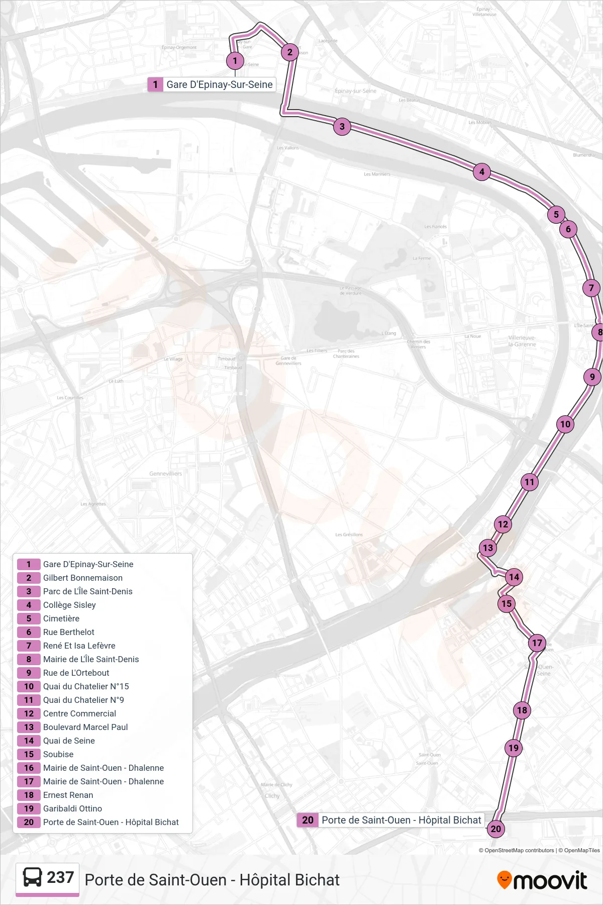 237 bus Line (Porte de Saint-Ouen - Hôpital Bichat) route and stops on a map