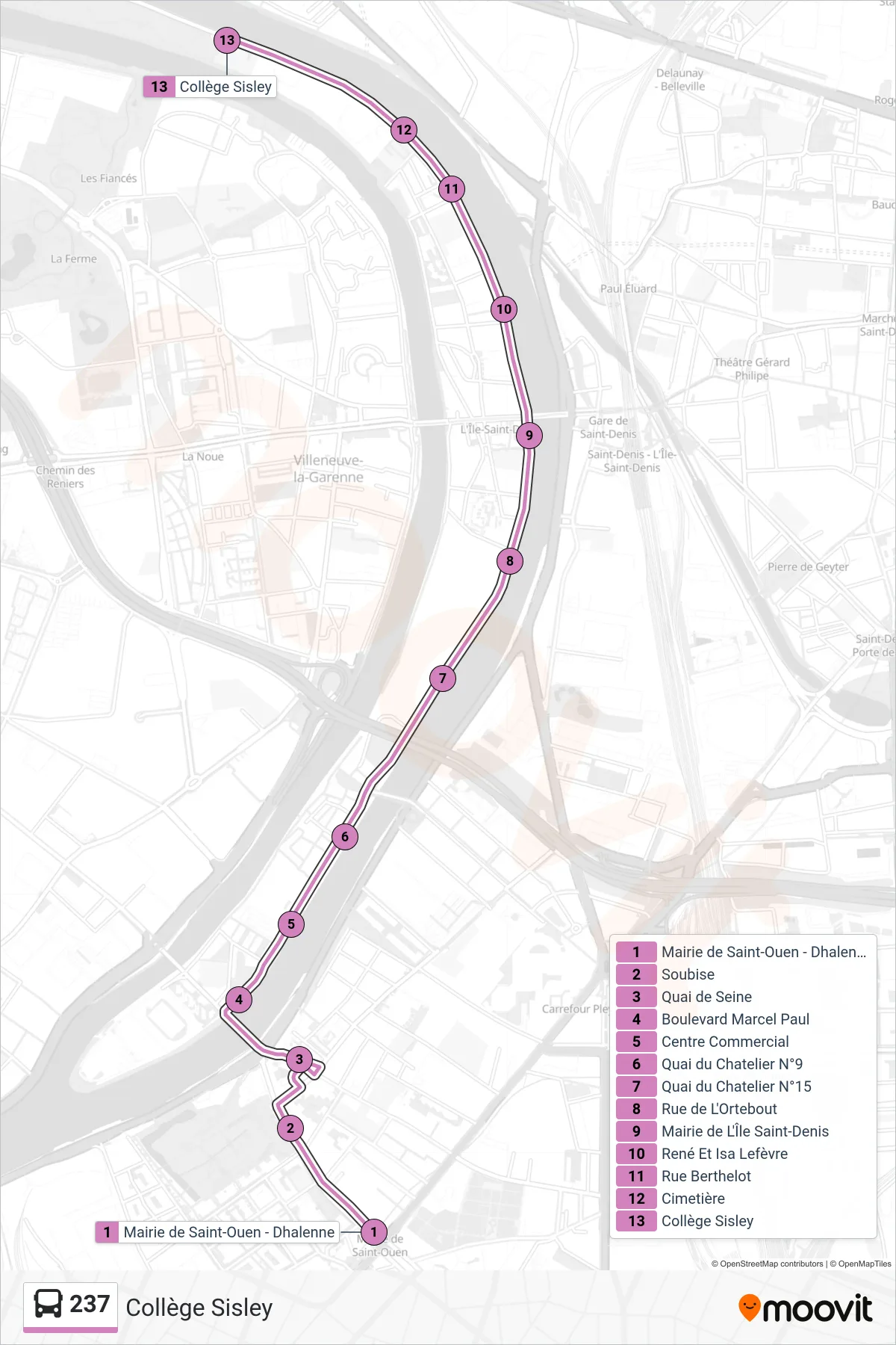 237 bus Line (Collège Sisley) route and stops on a map
