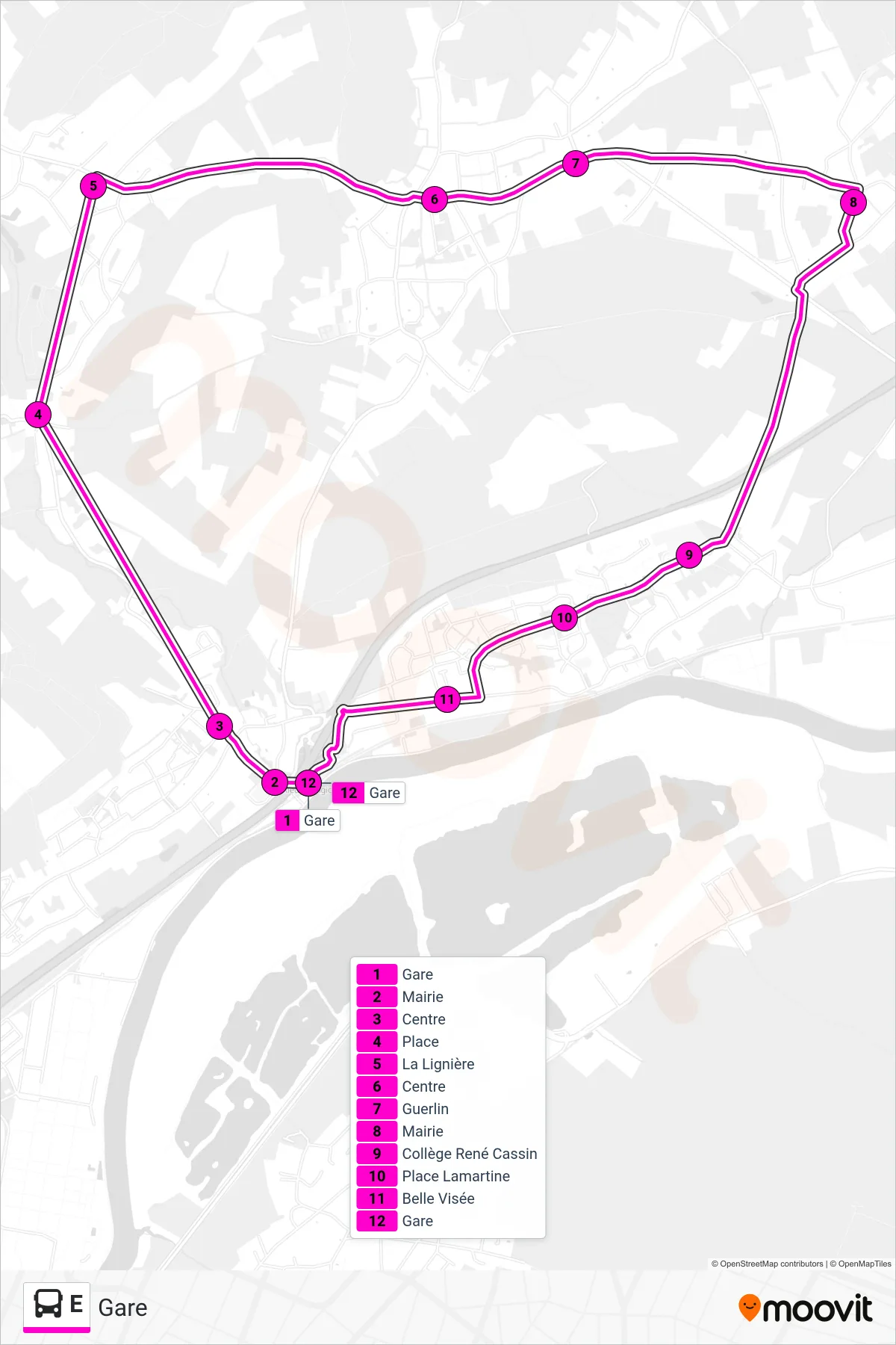 Tracé et arrêts de la ligne E de bus (Gare) sur une carte