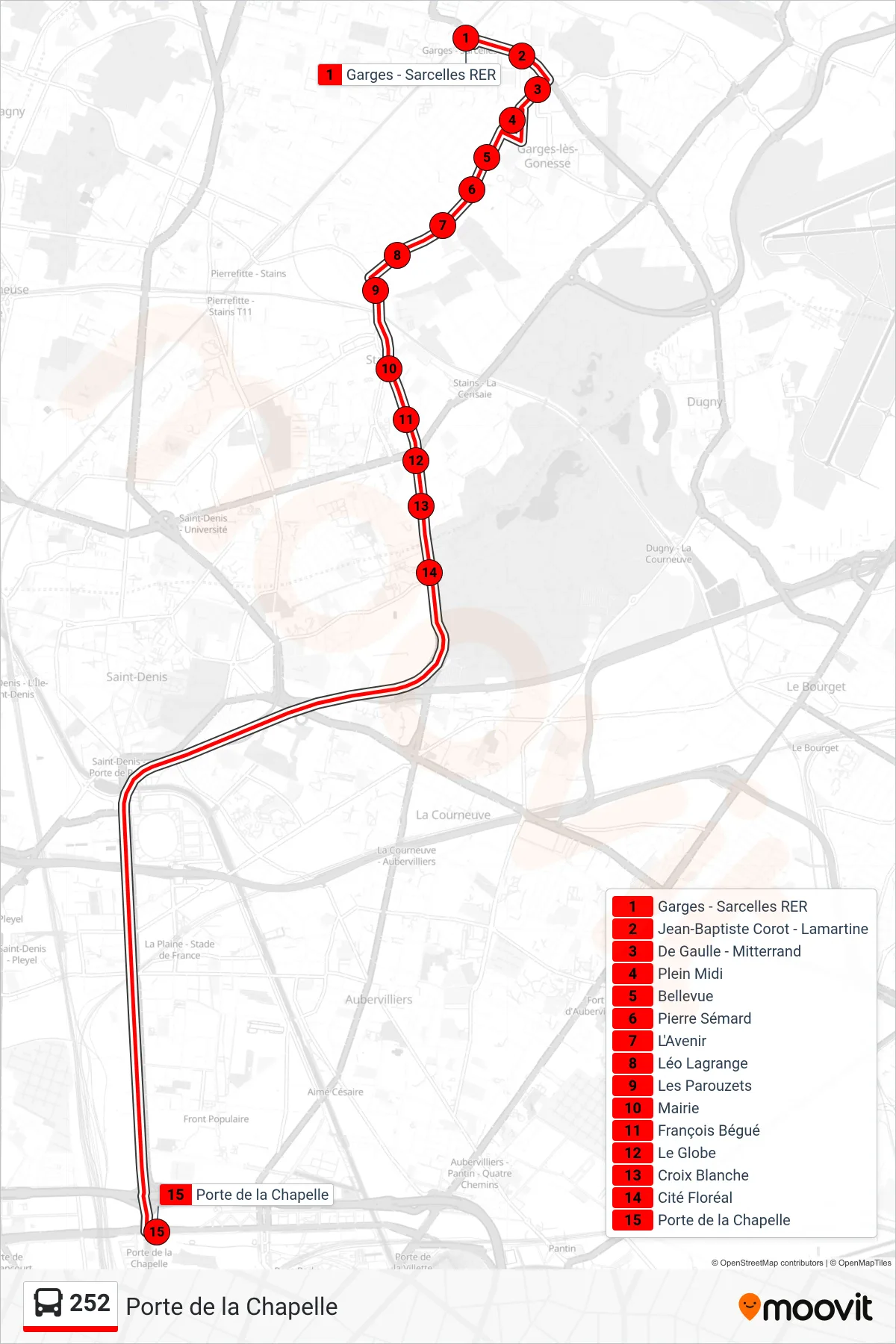 252 bus Line (Porte de la Chapelle) route and stops on a map
