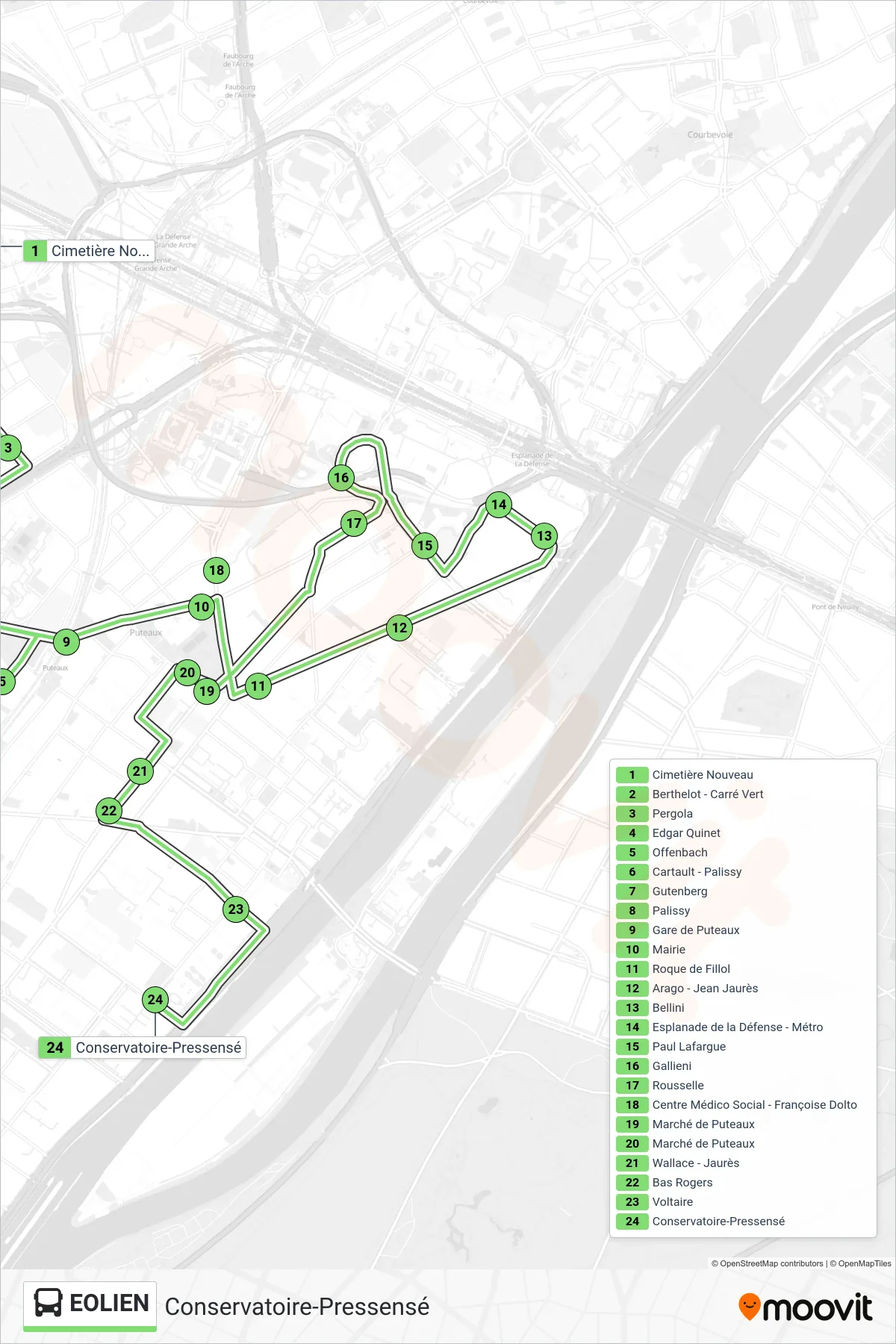 EOLIEN bus Line (Conservatoire-Pressensé) route and stops on a map