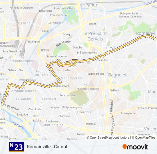 Plan de la ligne N23 de bus
