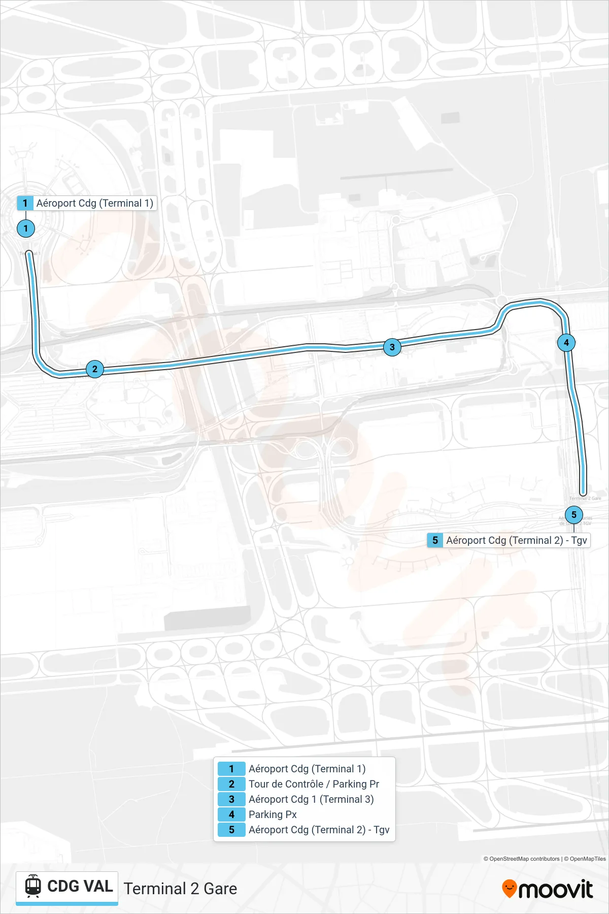 CDG VAL light rail Line (Terminal 2 Gare) route and stops on a map