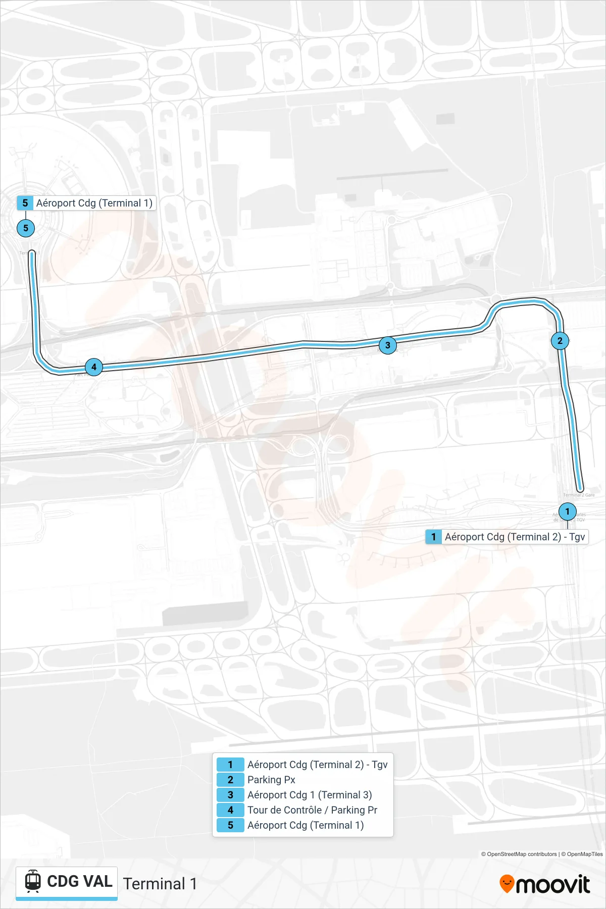 CDG VAL light rail Line (Terminal 1) route and stops on a map