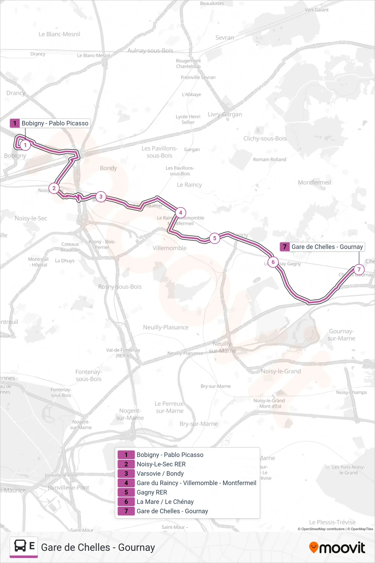 E bus Line (Gare de Chelles - Gournay) route and stops on a map