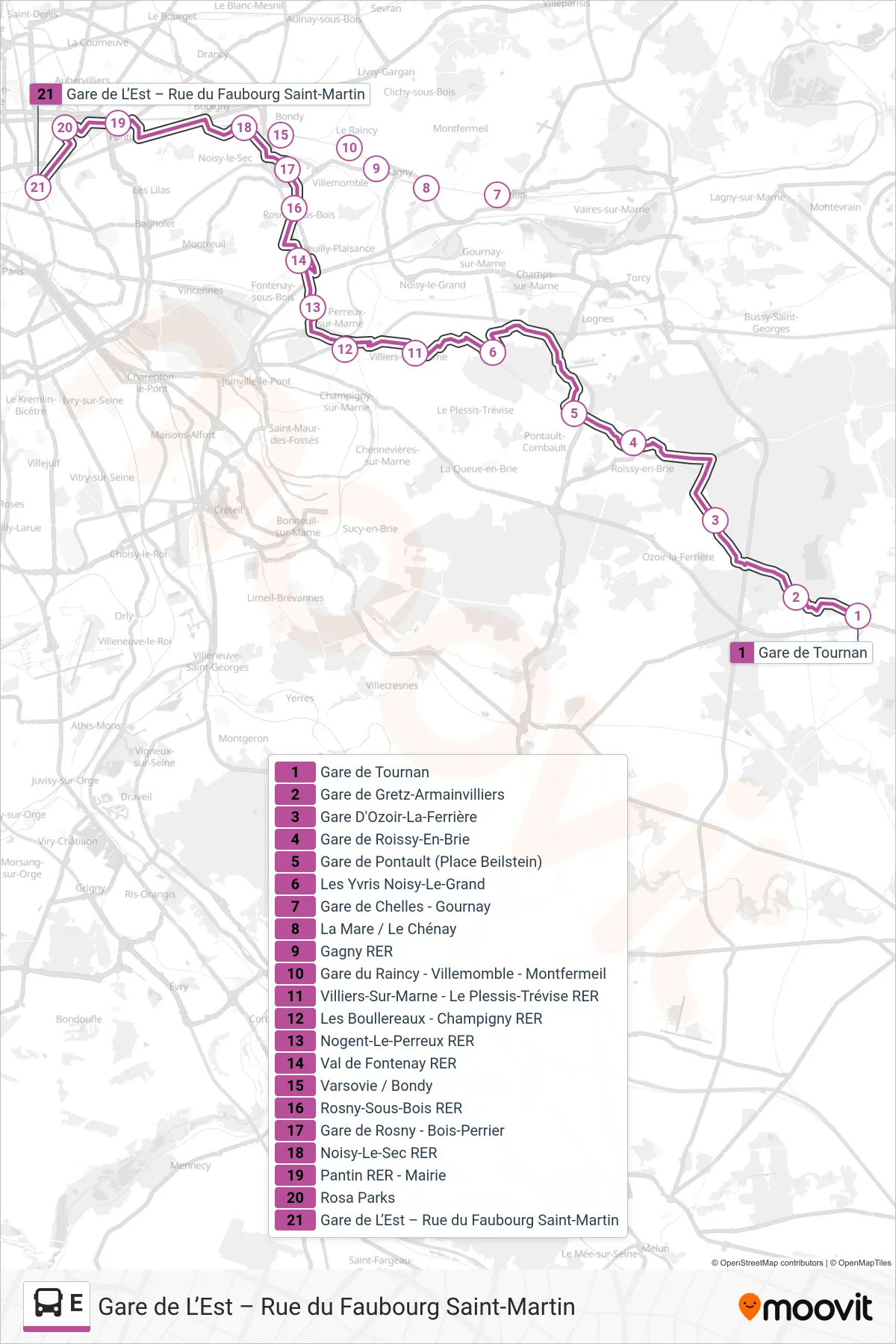 E bus Line (Gare de L’Est – Rue du Faubourg Saint-Martin) route and stops on a map