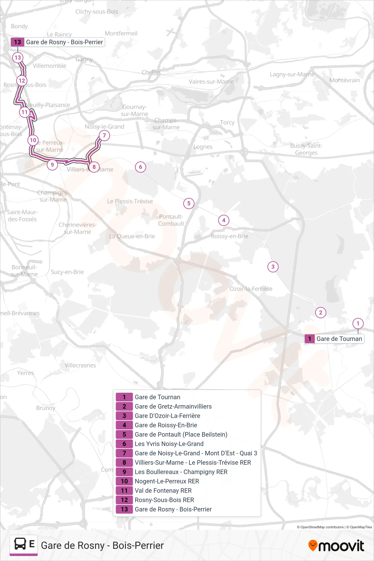 E bus Line (Gare de Rosny - Bois-Perrier) route and stops on a map