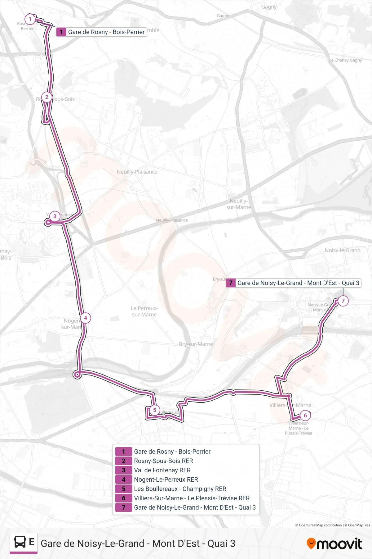 E bus Line (Gare de Noisy-Le-Grand - Mont D'Est - Quai 3) route and stops on a map