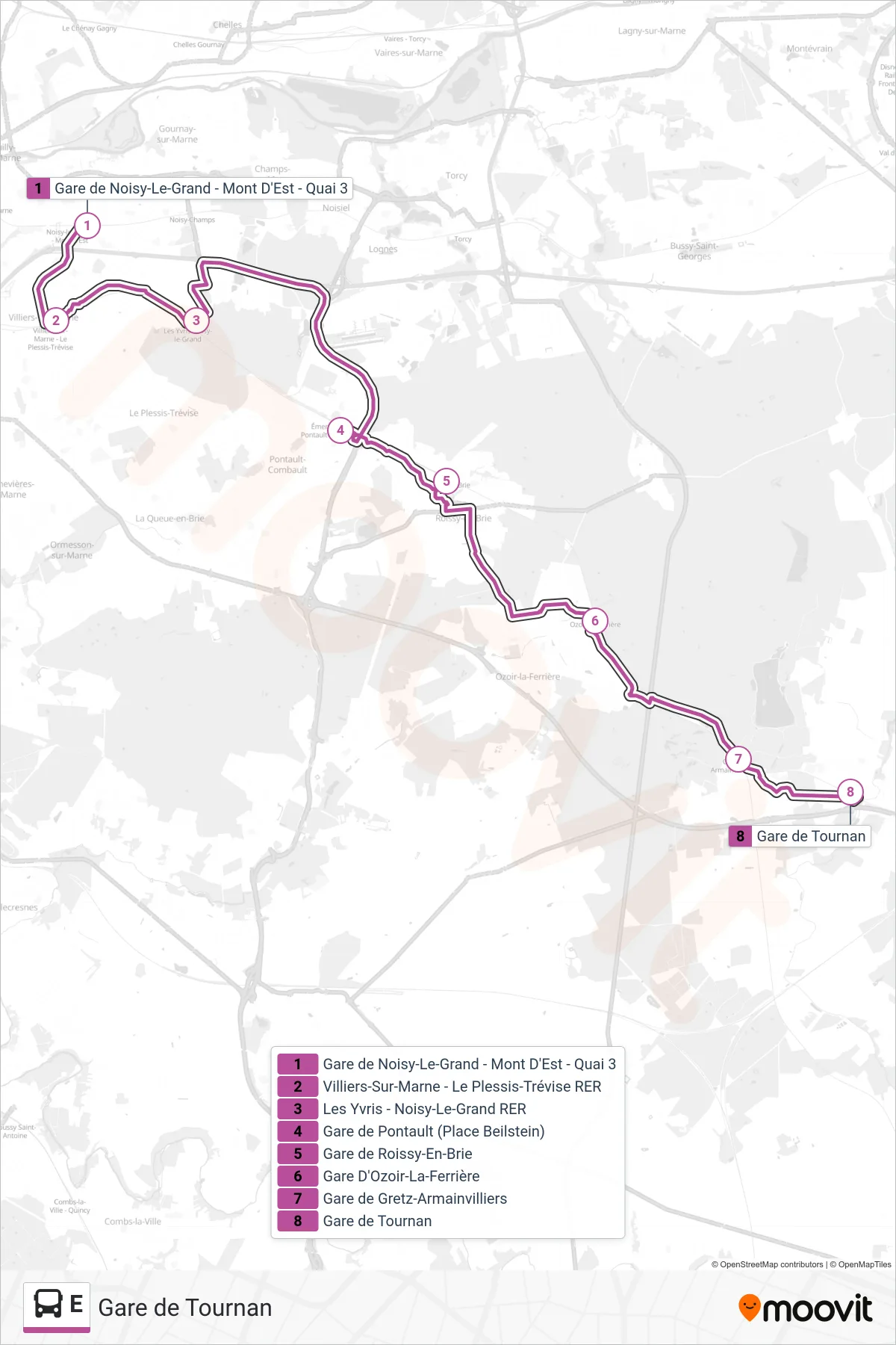E bus Line (Gare de Tournan) route and stops on a map
