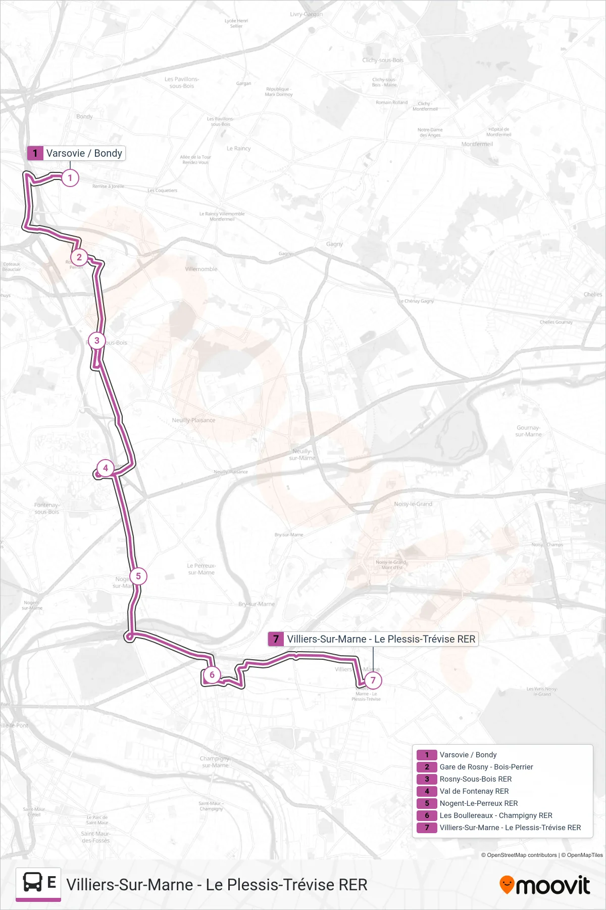 E bus Line (Villiers-Sur-Marne - Le Plessis-Trévise RER) route and stops on a map