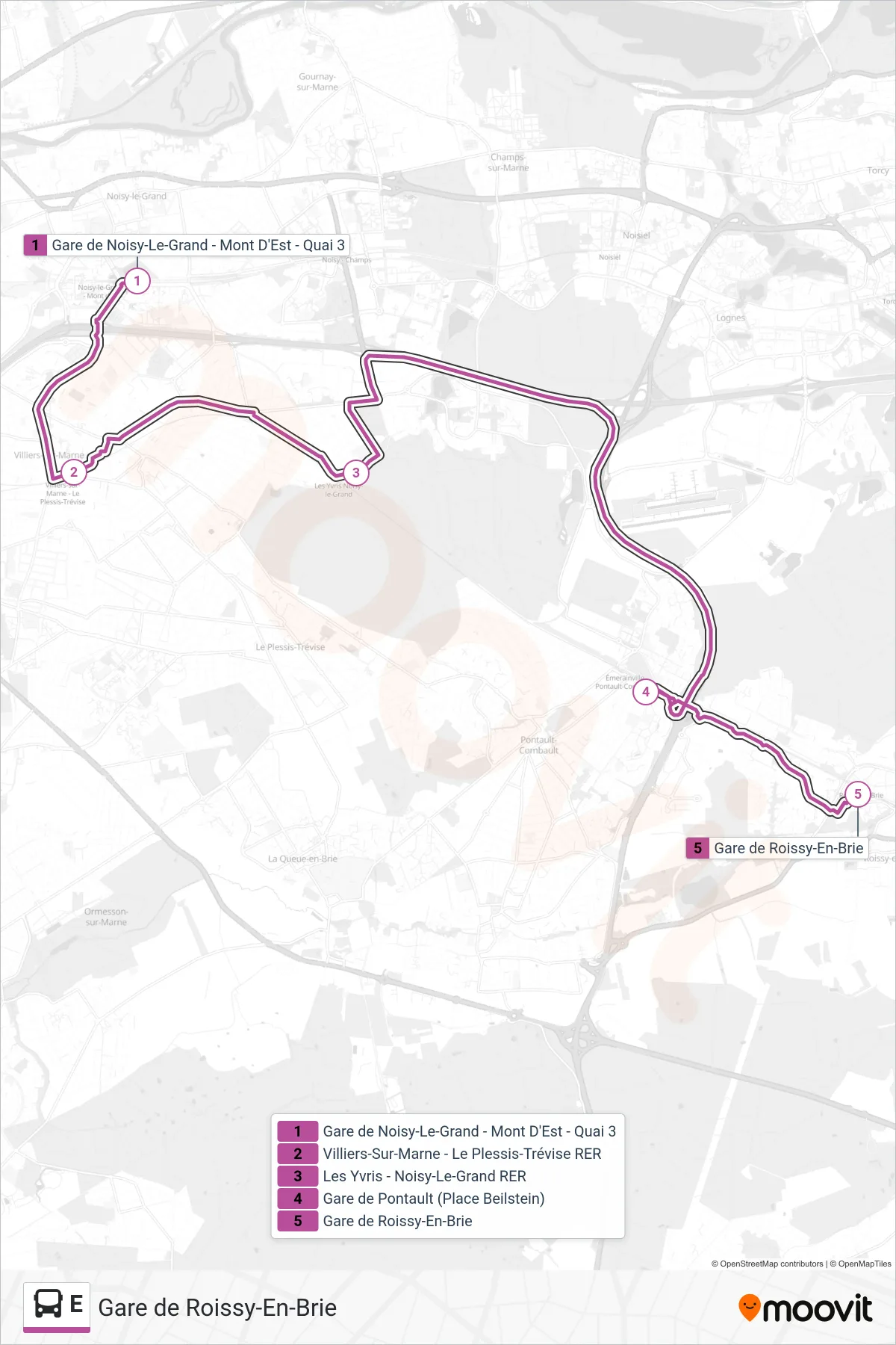 E bus Line (Gare de Roissy-En-Brie) route and stops on a map
