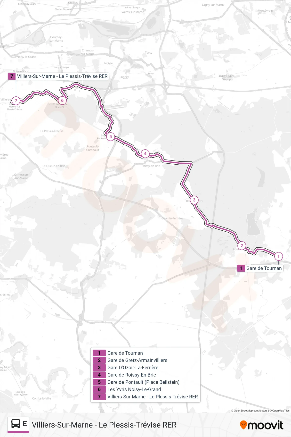 E bus Line (Villiers-Sur-Marne - Le Plessis-Trévise RER) route and stops on a map