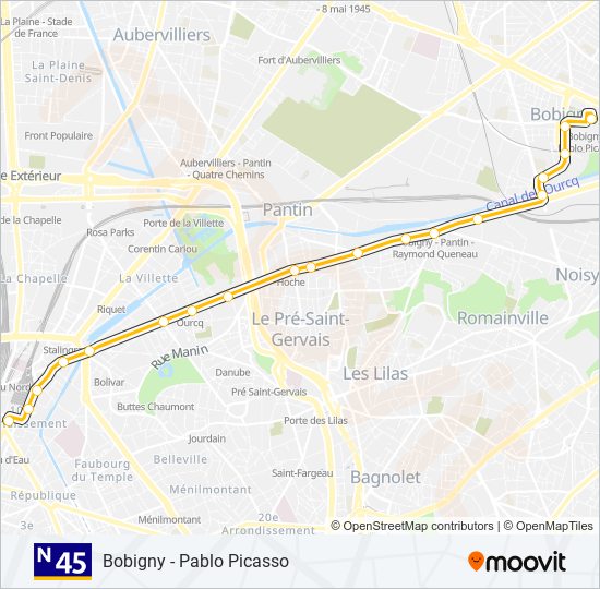 Plan de la ligne N45 de bus