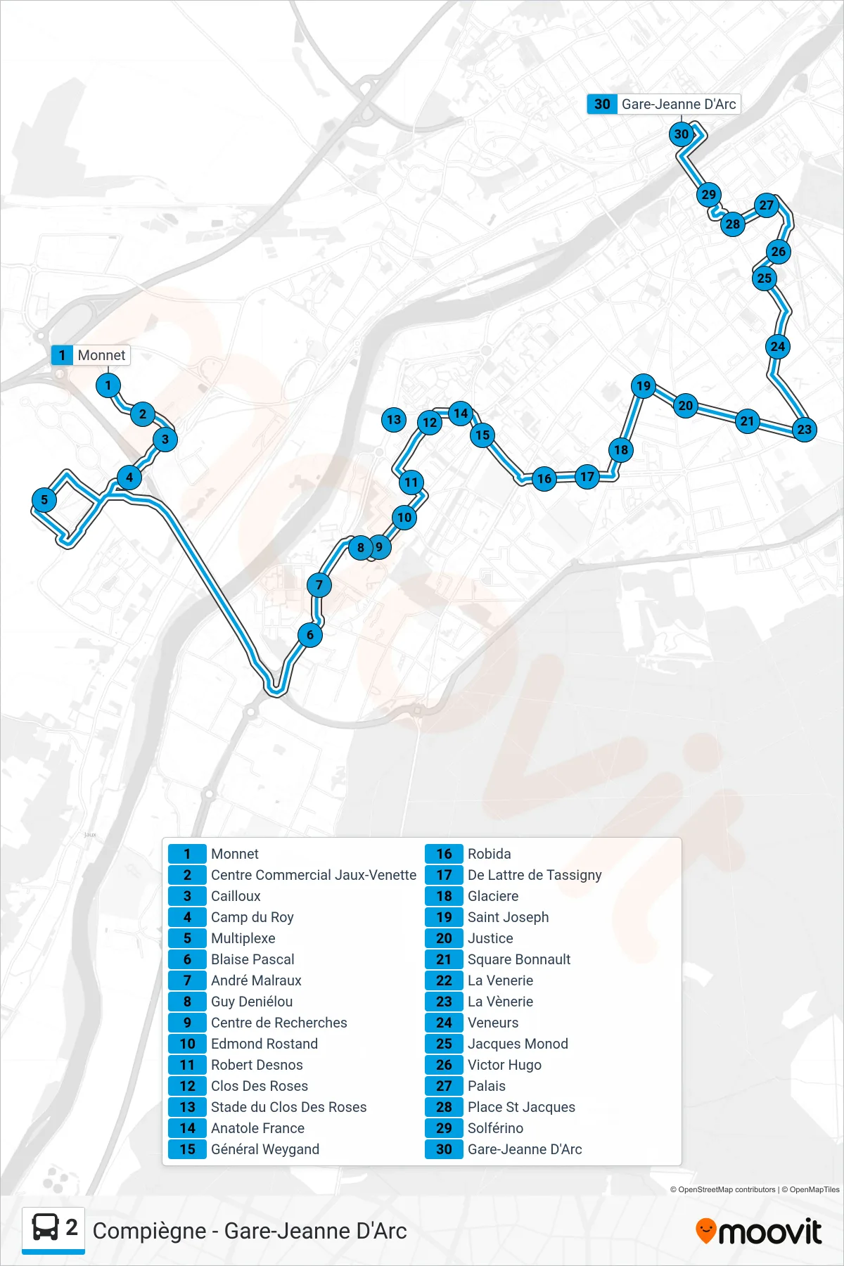 2 bus Line (Compiègne - Gare-Jeanne D'Arc) route and stops on a map