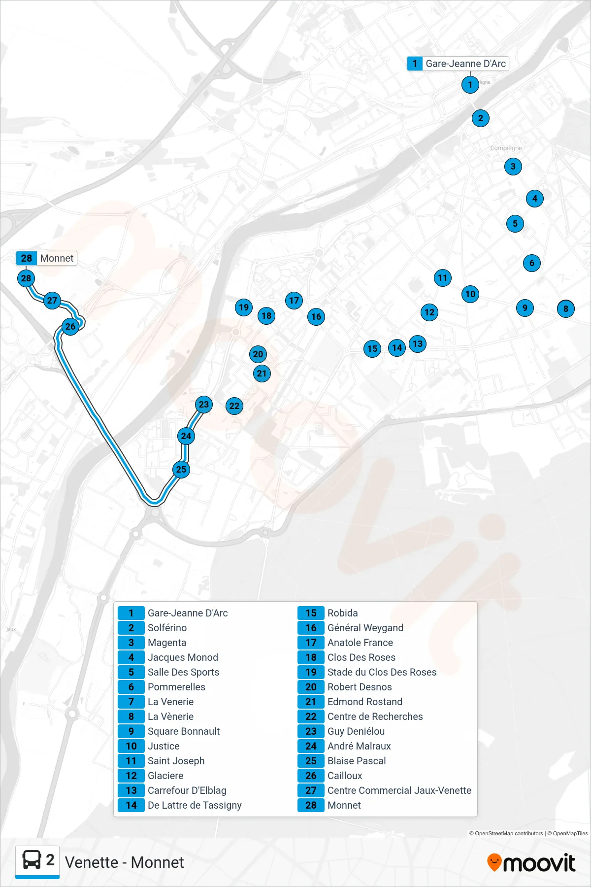 2 bus Line (Venette - Monnet) route and stops on a map
