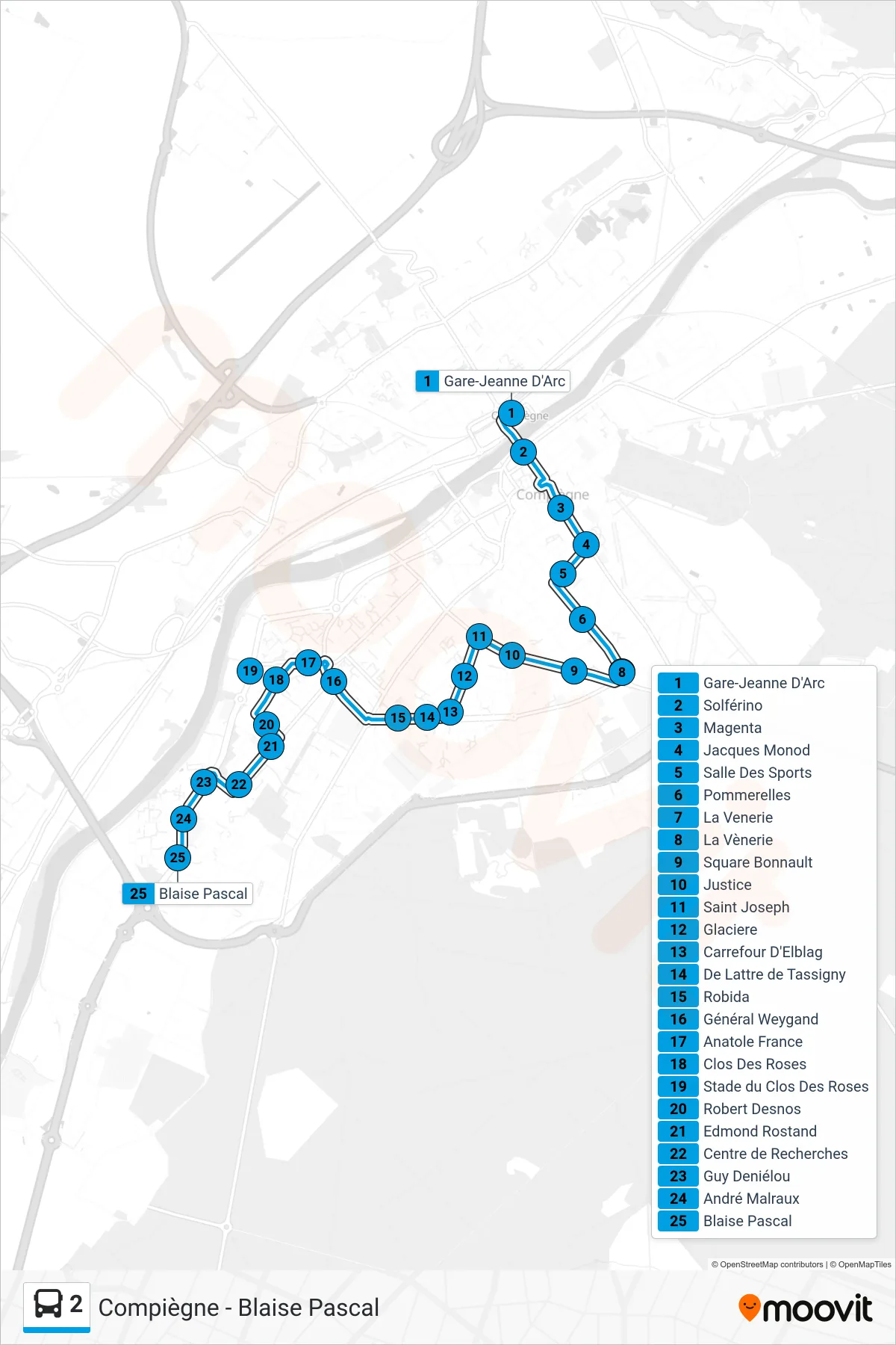 2 bus Line (Compiègne - Blaise Pascal) route and stops on a map