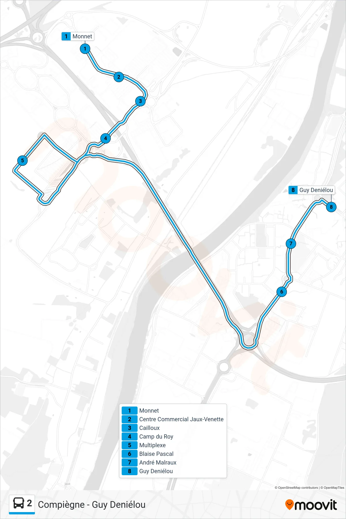 2 bus Line (Compiègne - Guy Deniélou) route and stops on a map