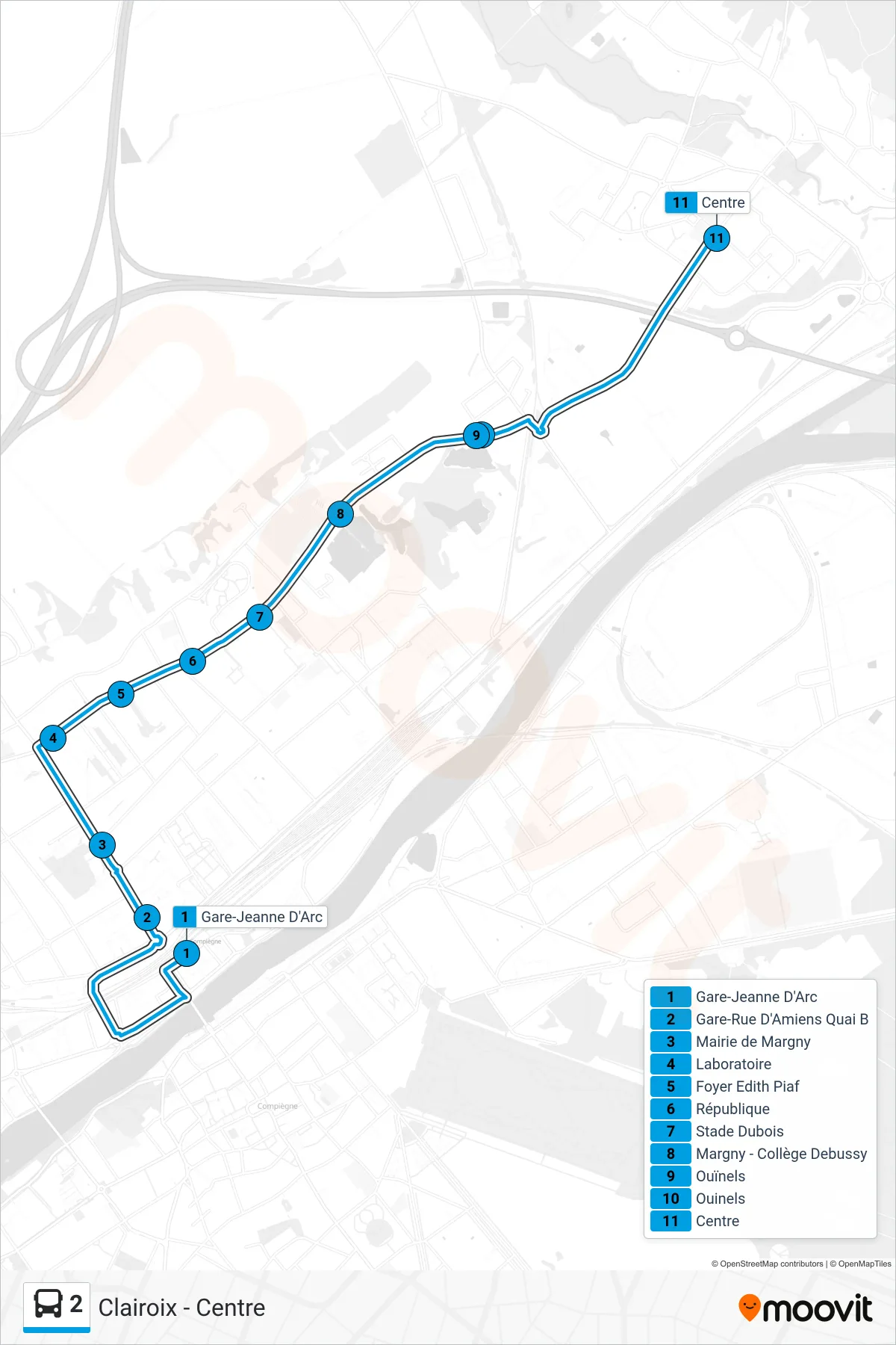 2 bus Line (Clairoix - Centre) route and stops on a map