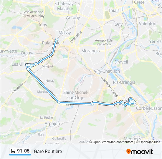 Plan de la ligne 91-05 de bus
