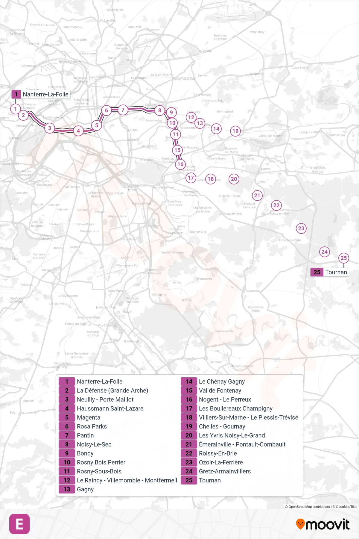 Tracé et arrêts de la ligne E de téléphérique (Haussmann - Saint-Lazare) sur une carte