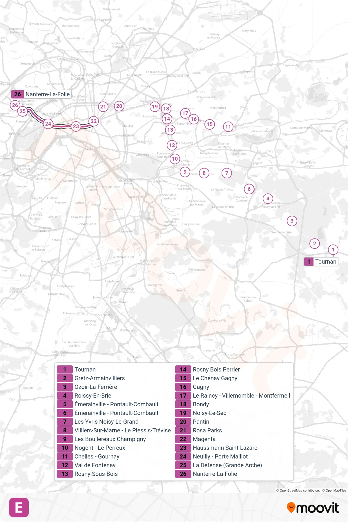 Tracé et arrêts de la ligne E de RER (Tournan/ Chelles - Gournay) sur une carte