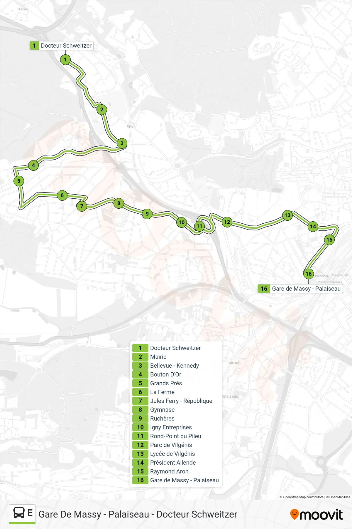 Tracé et arrêts de la ligne E de bus (Gare de Massy - Palaiseau) sur une carte