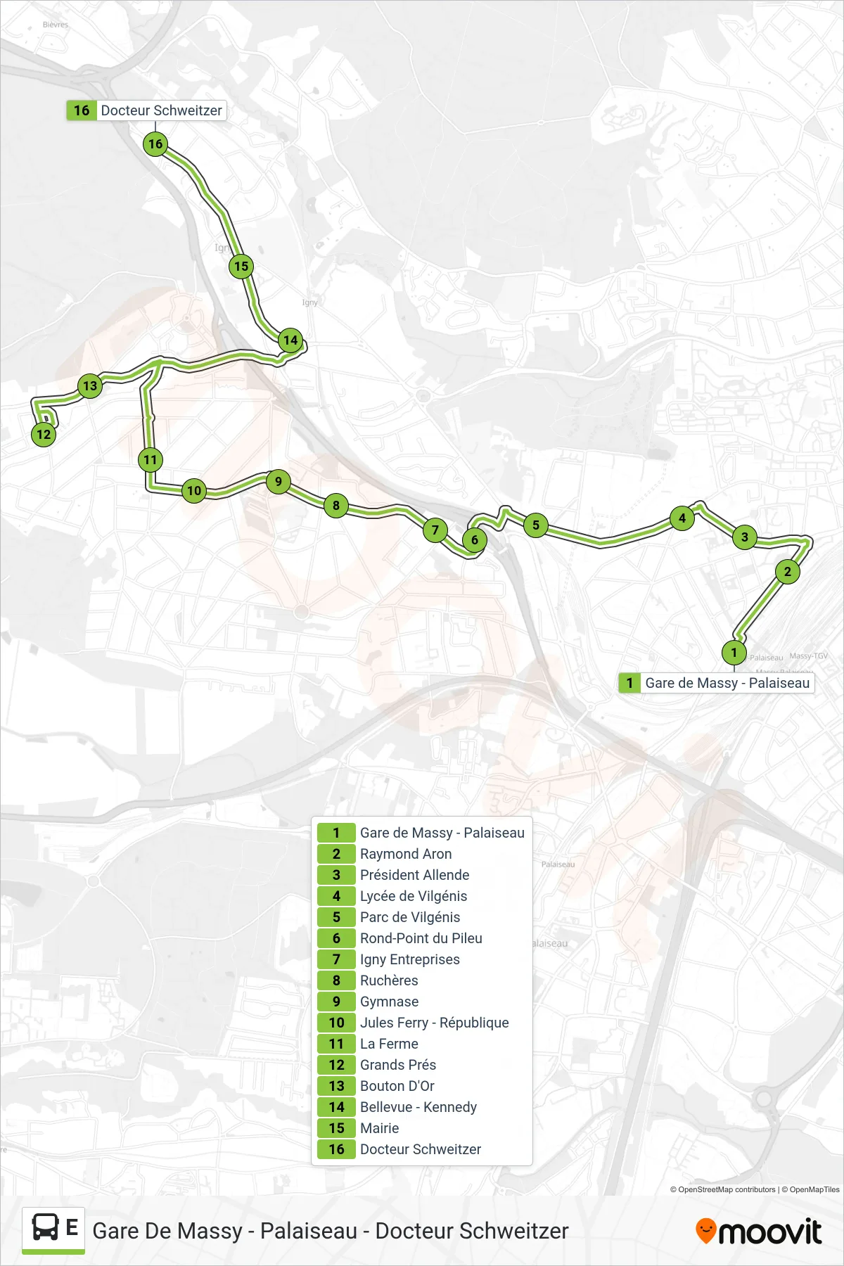 Tracé et arrêts de la ligne E de bus (Docteur Schweitzer) sur une carte
