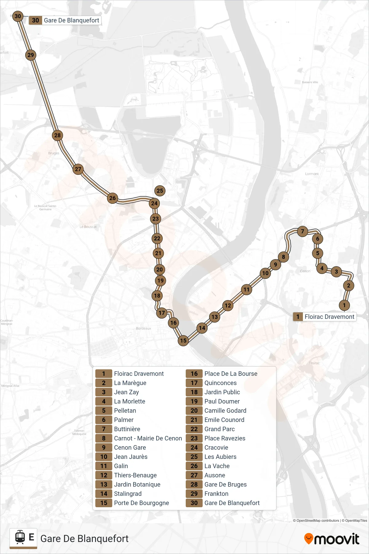 Tracé et arrêts de la ligne E de tram (Gare De Blanquefort) sur une carte