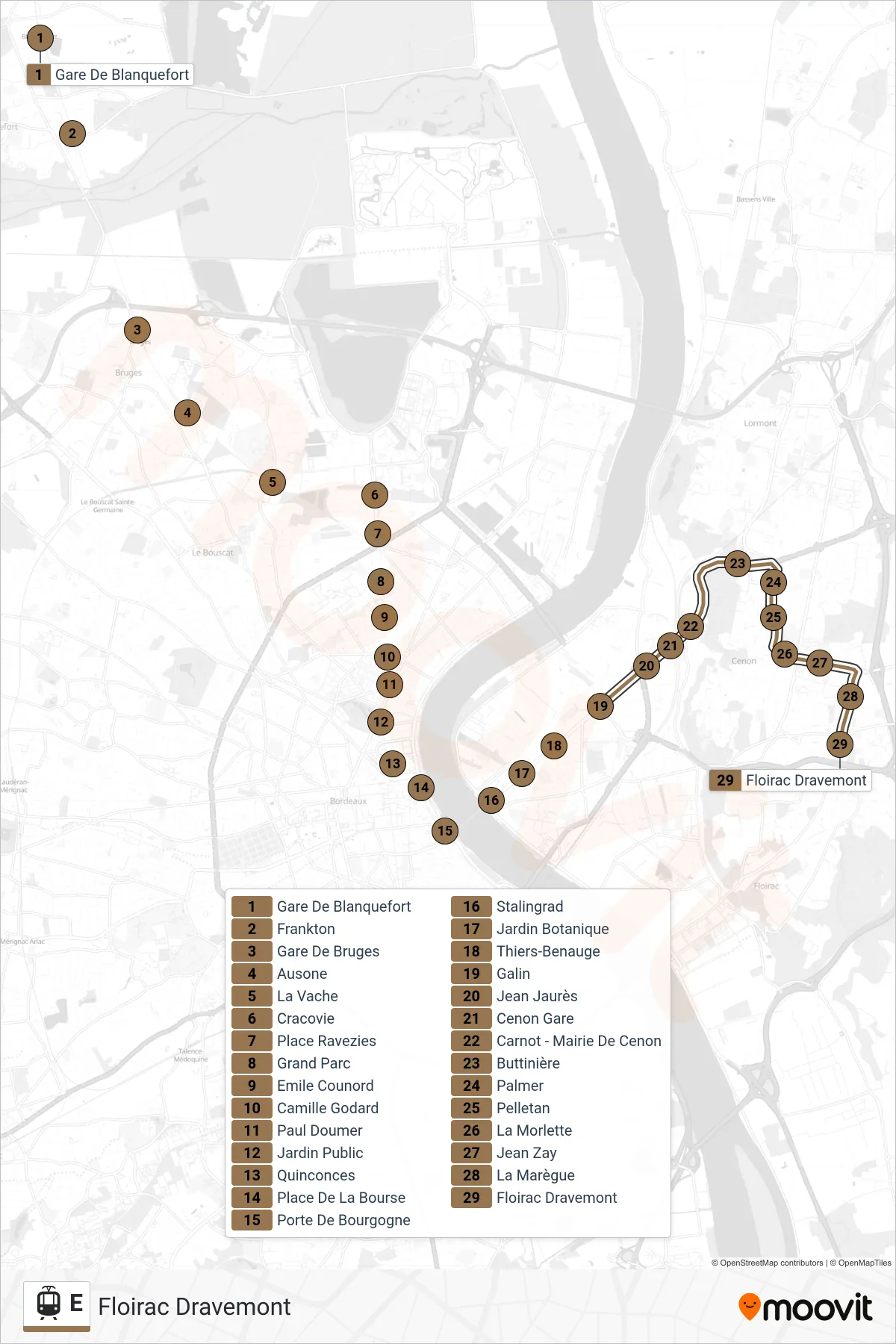 E tram Line (Floirac Dravemont) route and stops on a map