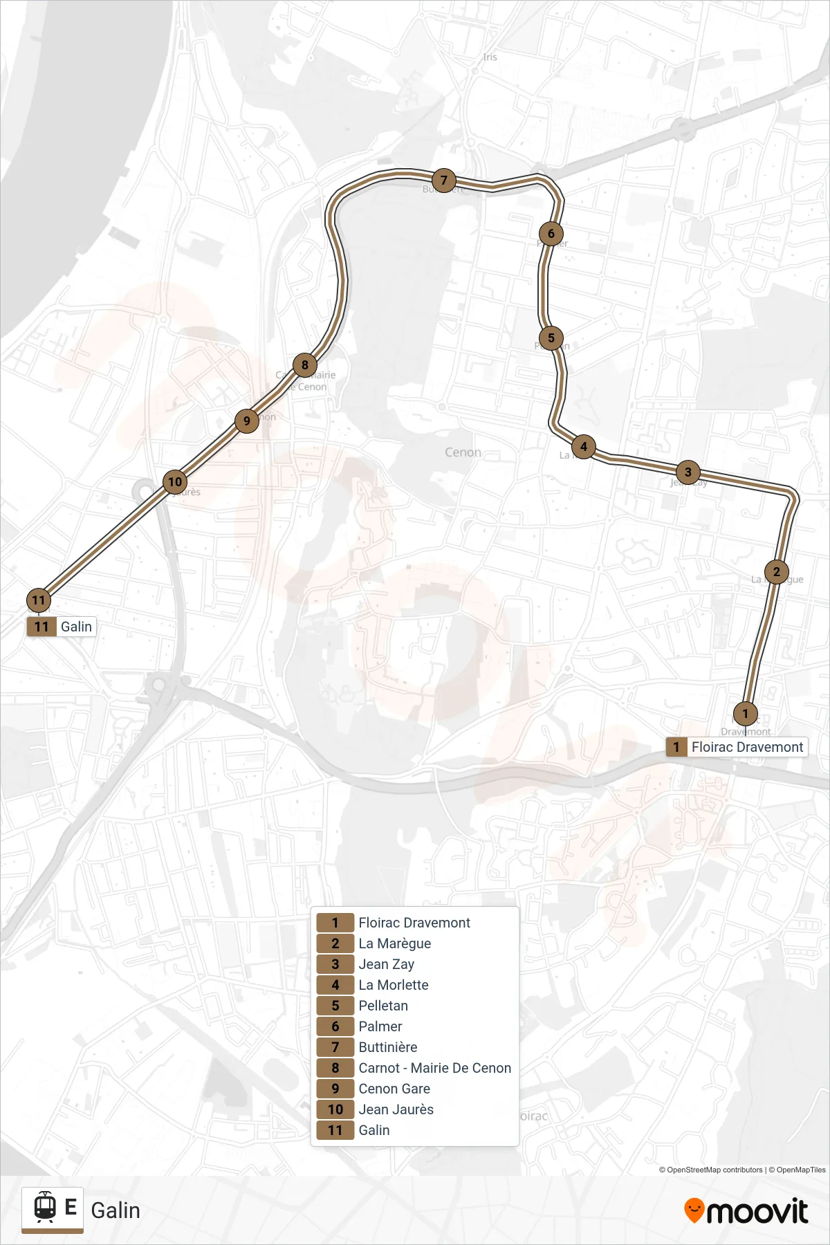 E tram Line (Galin) route and stops on a map