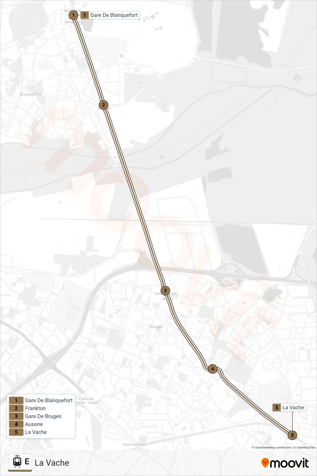 E light rail Line (La Vache) route and stops on a map