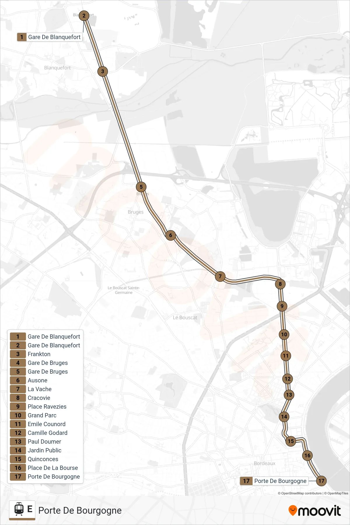 E tram Line (Porte De Bourgogne) route and stops on a map