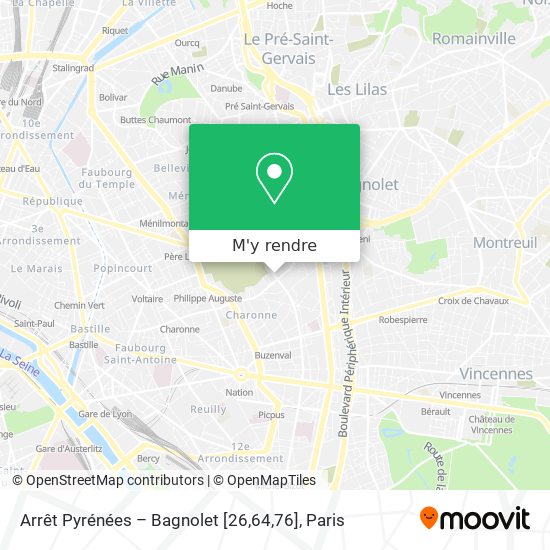 Arrêt Pyrénées – Bagnolet [26,64,76] plan