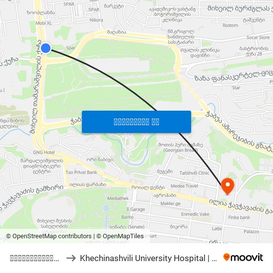უნივერსიტეტის ქუჩა - [1266] to Khechinashvili University Hospital | ხეჩინაშვილის საუნივერსიტეტო კლინიკა map