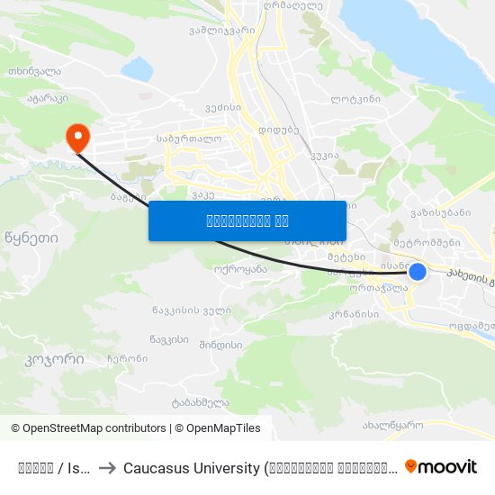 ისანი / Isani to Caucasus University (კავკასიის უნივერსიტეტი) map