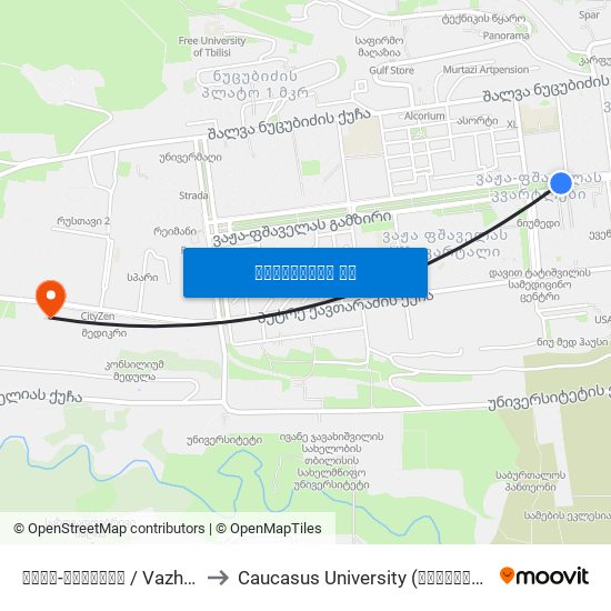 ვაჟა-ფშაველა / Vazha-Phshavela to Caucasus University (კავკასიის უნივერსიტეტი) map