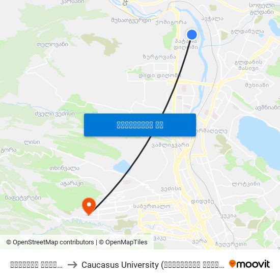 ფერაძის ქუჩა #19 to Caucasus University (კავკასიის უნივერსიტეტი) map