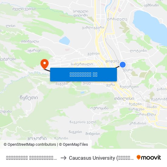 რკინიგზის გადასასვლელი ხიდი - [1745] to Caucasus University (კავკასიის უნივერსიტეტი) map