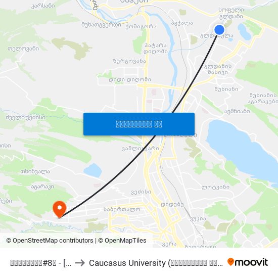 გლდანულა#8ა - [1939] to Caucasus University (კავკასიის უნივერსიტეტი) map