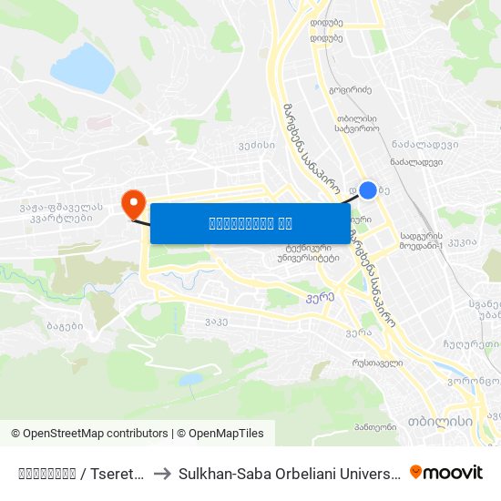 წერეთელი / Tsereteli to Sulkhan-Saba Orbeliani University map