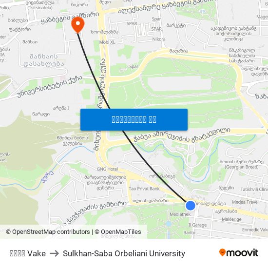 ვაკე Vake to Sulkhan-Saba Orbeliani University map