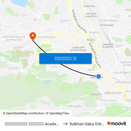 მეცნიერებათა აკადემია Academy Of Sciences - Id:814 to Sulkhan-Saba Orbeliani University map