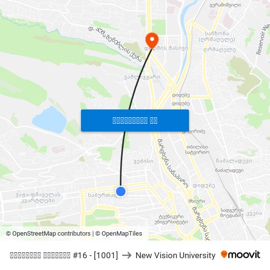 ყაზბეგის გამზირი #16 - [1001] to New Vision University map