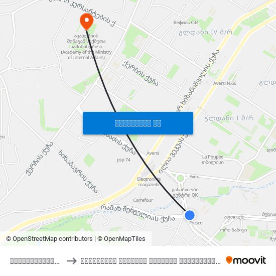 სუპერმარკეტი ფრესკო (მოთხოვნით) to აკადემიის შინაგან საქმეთა სამინისტროს (Academy Of the Ministry Of Internal Affairs) map